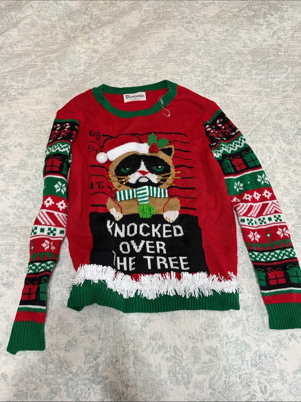 No Boundaries Red, Green & Black Christmas Cat Sweater
